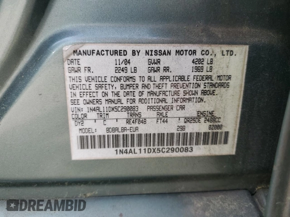 2005 Nissan Altima S z VIN 1N4AL11DX5C290083, wystawiony jako Copart lot #54403135 z przebiegiem Nie podano mil oraz Szkoda całkowita • Salvage title. Historia ofert i sprzedaży dostępna na DreamBid. Obrazek 13.