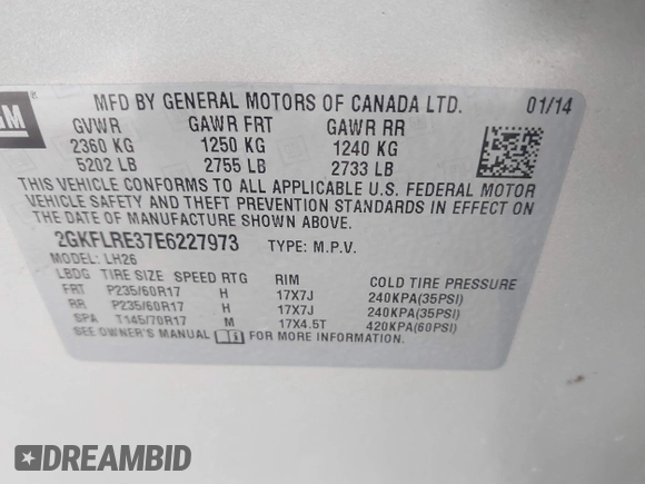 2014 GMC Terrain SLE with VIN 2GKFLRE37E6227973, listed as a IAAI auction lot 42362774 with 72,585 mi miles and . Bid and sale history available at DreamBid. Image 9.