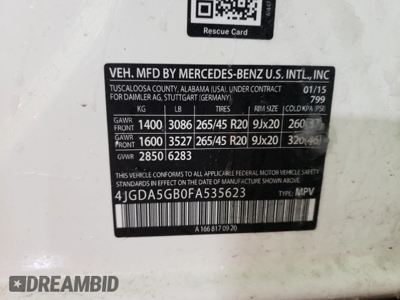 2015 Mercedes-Benz M 400 with VIN 4JGDA5GB0FA535623, listed as a Copart auction lot 45979705 with 115,592 mi miles and Salvage Title. Bid and sale history available at DreamBid. Image 13.