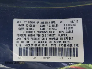 2015 Honda Accord Sedan LX with VIN 1HGCR2F32FA271257, listed as a IAAI auction lot 41423900 with 114,266 mi miles. Bid and sale history available at carsss.com. Image 9.