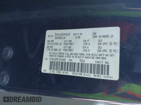 2007 Dodge 1500 SLT with VIN 1D7HA16P07J574425, listed as a IAAI auction lot 41307758 with 377,015 mi miles and . Bid and sale history available at DreamBid. Image 9.