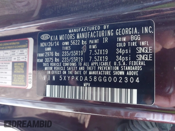2016 Kia Sorento SX with VIN 5XYPKDA58GG002304, listed as a IAAI auction lot 41990332 with 132,025 mi miles. Bid and sale history available at carsss.com. Image 9.