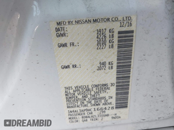 2017 Nissan Altima SR with VIN 1N4AL3AP9HC166428, listed as a IAAI auction lot 41955725 with 52,826 mi miles and . Bid and sale history available at carsss.com. Image 9.
