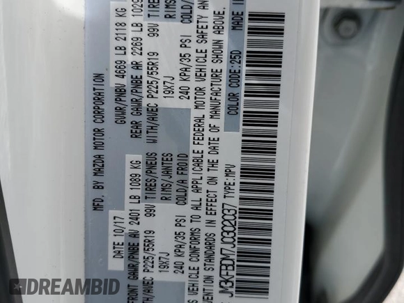 2018 Mazda CX-5 Grand Touring with VIN JM3KFBDM7J0302037, listed as a Copart auction lot 63021845 with Not provided miles and Salvage title. Bid and sale history available at DreamBid. Image 13.
