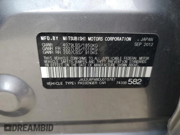 2013 Mitsubishi Lancer GT with VIN JA32U8FW9DU010787, listed as a Copart auction lot 73481664 with 142,188 mi miles and Salvage Title. Bid and sale history available at carsss.com. Image 12.