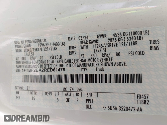 2024 Ford F-250 XL with VIN 1FTBF2BA2RED61478, listed as a IAAI auction lot 42238749 with 28,707 mi miles and . Bid and sale history available at DreamBid. Image 9.