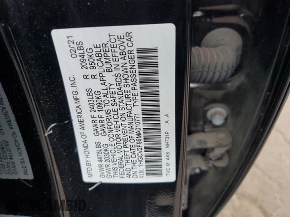 2021 Honda Accord Touring with VIN 1HGCV2F99MA010771, listed as a Copart auction lot 78258924 with 60,260 mi miles and Salvage title. Bid and sale history available at DreamBid. Image 12.