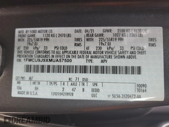 2021 Ford Escape Titanium with VIN 1FMCU9J9XMUA57500, listed as a Copart auction lot 46322915 with 67,101 mi miles and Salvage Title. Bid and sale history available at carsss.com. Image 15.