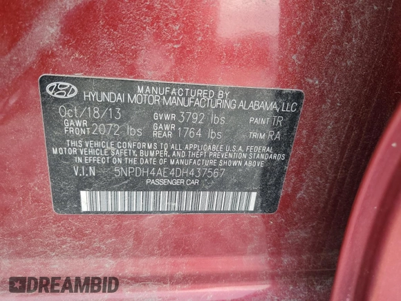 2013 Hyundai Elantra GLS with VIN 5NPDH4AE4DH437567, listed as a Copart auction lot 59513645 with 32,143 mi miles and Salvage title. Bid and sale history available at DreamBid. Image 12.
