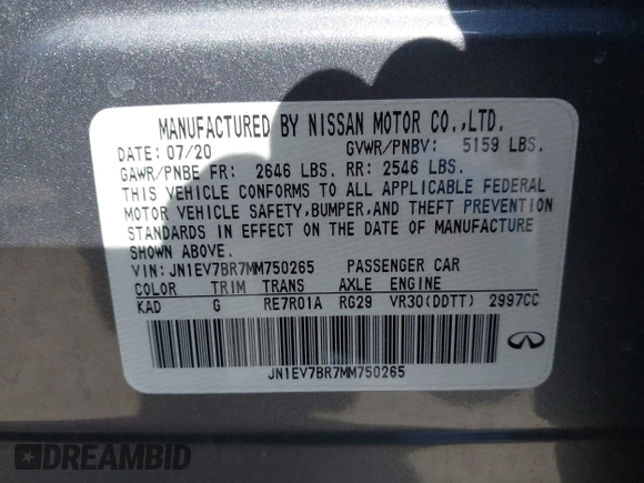2021 Infiniti Q50 Luxe z VIN JN1EV7BR7MM750265, wystawiony jako IAAI lot #41943953 z przebiegiem 53 750 mil mil oraz . Historia ofert i sprzedaży dostępna na DreamBid. Obrazek 9.