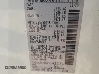 2020 Nissan Pathfinder SL z VIN 5N1DR2CNXLC643271, wystawiony jako Copart lot #43606295 z przebiegiem 35 080 mil mil oraz Szkoda całkowita • Salvage title. Historia ofert i sprzedaży dostępna na DreamBid. Obrazek 12.
