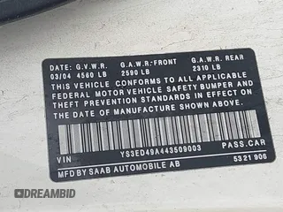 2004 Saab 9-5 Arc with VIN YS3ED49A443509003, listed as a IAAI auction lot 41196231 with 203,388 mi miles. Bid and sale history available at carsss.com. Image 9.