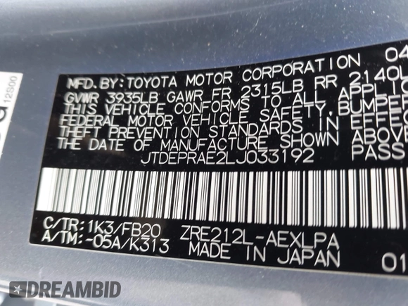 2020 Toyota Corolla LE with VIN JTDEPRAE2LJ033192, listed as a IAAI auction lot 41971573 with 86,265 mi miles. Bid and sale history available at carsss.com. Image 9.