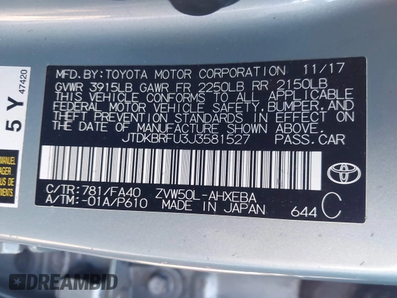 2018 Toyota Prius Two with VIN JTDKBRFU3J3581527, listed as a IAAI auction lot 41304839 with 120,629 mi miles. Bid and sale history available at carsss.com. Image 9.