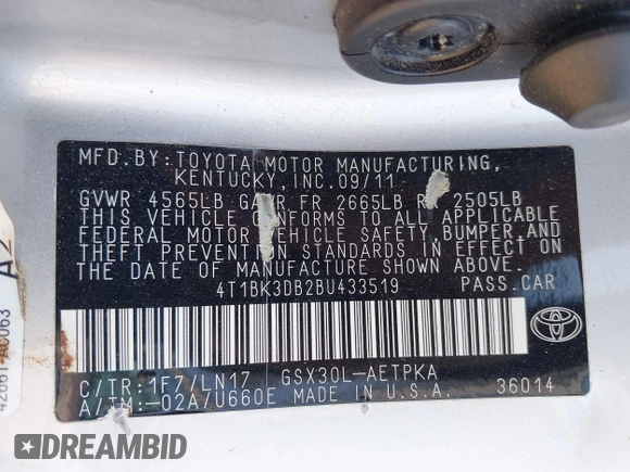 2011 Toyota Avalon with VIN 4T1BK3DB2BU433519, listed as a IAAI auction lot 42419538 with 162,366 mi miles and . Bid and sale history available at DreamBid. Image 9.