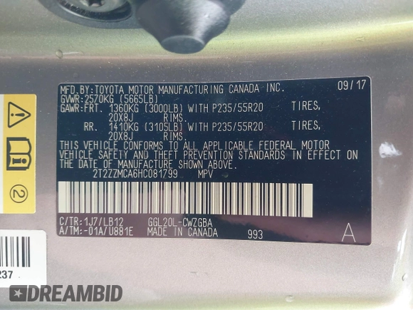 2017 Lexus RX 350 with VIN 2T2ZZMCA6HC081799, listed as a IAAI auction lot 42101809 with 85,650 mi miles and . Bid and sale history available at DreamBid. Image 9.