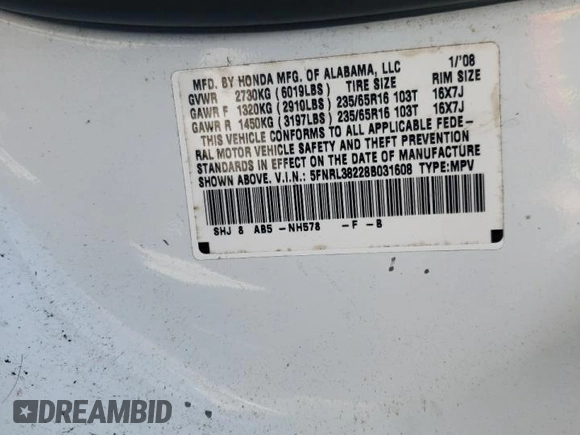 2008 Honda Odyssey LX with VIN 5FNRL38228B031608, listed as a Copart auction lot 50272275 with 178,239 mi miles and Salvage Title. Bid and sale history available at carsss.com. Image 13.