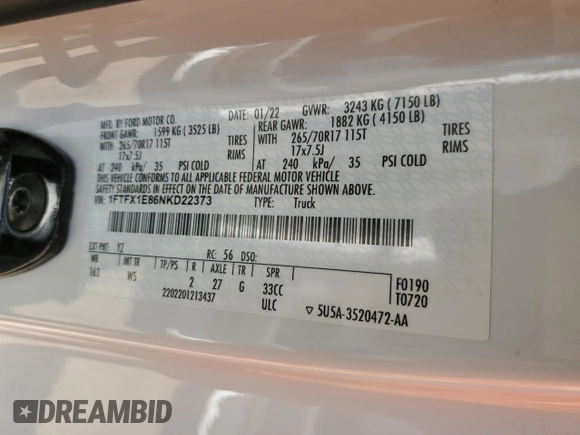 2022 Ford F-150 XL z VIN 1FTFX1E86NKD22373, wystawiony jako Copart lot #69963114 z przebiegiem 96 983 mil mil oraz Szkoda całkowita • Salvage title. Historia ofert i sprzedaży dostępna na DreamBid. Obrazek 12.
