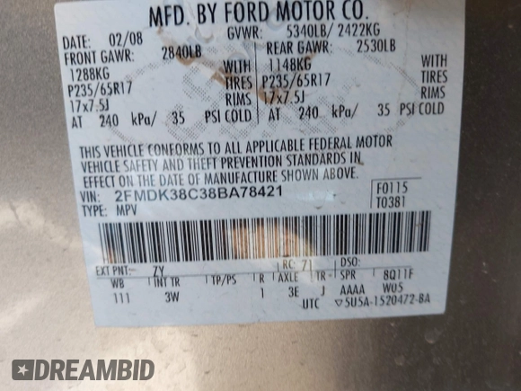 2008 Ford Edge SEL z VIN 2FMDK38C38BA78421, wystawiony jako IAAI lot #42229967 z przebiegiem 175 246 mil mil oraz . Historia ofert i sprzedaży dostępna na DreamBid. Obrazek 9.