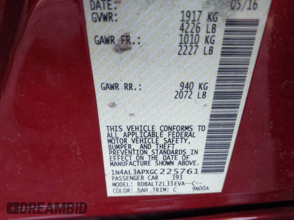 2016 Nissan Altima SV with VIN 1N4AL3APXGC225761, listed as a IAAI auction lot 41350009 with 71,797 mi miles and . Bid and sale history available at DreamBid. Image 9.