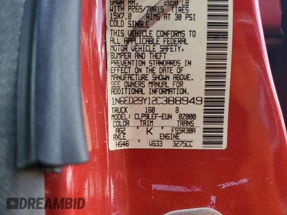 2002 Nissan Frontier XE with VIN 1N6ED29Y12C388949, listed as a Copart auction lot 55235875 with 212,944 mi miles and Salvage title. Bid and sale history available at DreamBid. Image 12.
