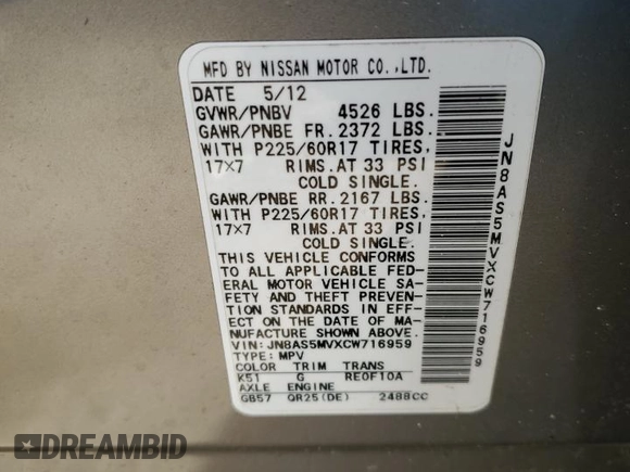 2012 Nissan Rogue S with VIN JN8AS5MVXCW716959, listed as a Copart auction lot 46670865 with 136,133 mi miles and Salvage Title. Bid and sale history available at DreamBid. Image 13.