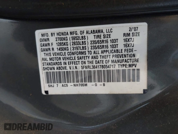 2007 Honda Odyssey EX with VIN 5FNRL38417B054717, listed as a IAAI auction lot 41955733 with 157,076 mi miles. Bid and sale history available at carsss.com. Image 9.