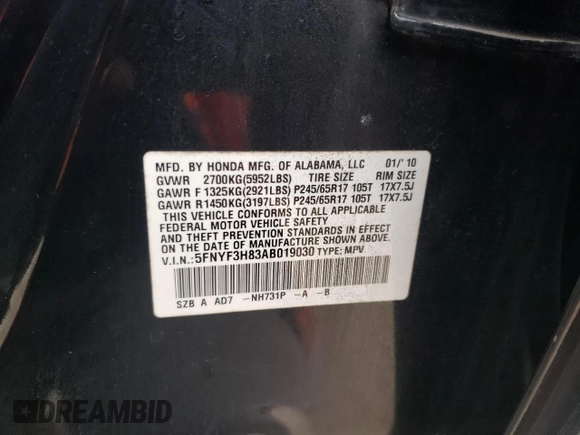2010 Honda Pilot Touring with VIN 5FNYF3H83AB019030, listed as a Copart auction lot 82398644 with 180,912 mi miles and Salvage Title. Bid and sale history available at DreamBid. Image 15.