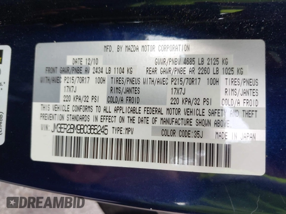 2011 Mazda CX-7 i Sport with VIN JM3ER2BM9B0365245, listed as a IAAI auction lot 42157898 with 150,185 mi miles and . Bid and sale history available at DreamBid. Image 9.