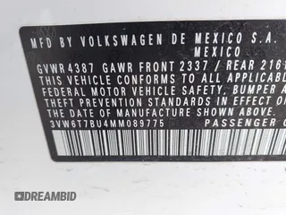 2021 Volkswagen Jetta GLI S with VIN 3VW6T7BU4MM089775, listed as a IAAI auction lot 41937045 with 63,010 mi miles and . Bid and sale history available at DreamBid. Image 9.
