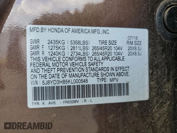 2019 Acura MDX Advance with VIN 5J8YD3H85KL000548, listed as a Copart auction lot 53649495 with 159,229 mi miles and Salvage title. Bid and sale history available at DreamBid. Image 13.