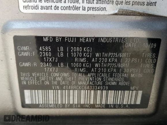 2010 Subaru Outback Limited Power Moon с VIN 4S4BRCKC6A3334939, выставлен на аукционе Copart как лот 57621465 с пробегом 152 902 миль миль и Списание • Salvage title. История ставок и продаж доступна на DreamBid. Изображение 13.