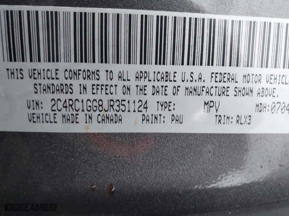 2018 Chrysler Pacifica Limited with VIN 2C4RC1GG8JR351124, listed as a IAAI auction lot 41398544 with 0 mi miles. Bid and sale history available at carsss.com. Image 9.
