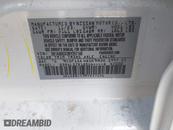 2024 Nissan Sentra SV с VIN 3N1AB8CV3RY257146, выставлен на аукционе IAAI как лот 41903092 с пробегом 24 423 миль миль и . История ставок и продаж доступна на DreamBid. Изображение 9.