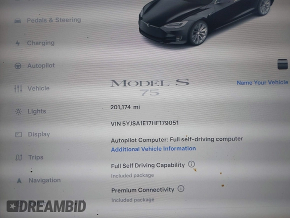 2017 Tesla Model S 60 z VIN 5YJSA1E17HF179051, wystawiony jako IAAI lot #42430013 z przebiegiem 201 174 mil mil oraz . Historia ofert i sprzedaży dostępna na DreamBid. Obrazek 7.