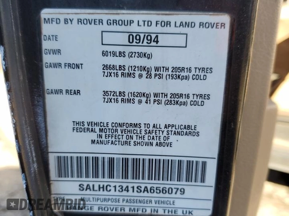 1995 Land Rover Range Rover with VIN SALHC1341SA656079, listed as a Copart auction lot 81966274 with 36,142 mi miles and Clean title. Bid and sale history available at DreamBid. Image 13.