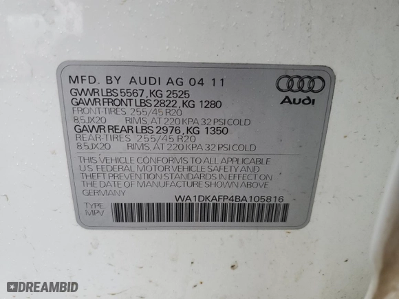 2011 Audi Q5 3.2L Premium Plus with VIN WA1DKAFP4BA105816, listed as a Copart auction lot 44714015 with 0 mi miles and Salvage Title. Bid and sale history available at carsss.com. Image 15.