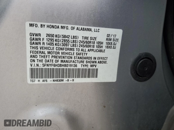 2017 Honda Pilot EX with VIN 5FNYF6H38HB019136, listed as a Copart auction lot 85673444 with Not Provided miles and Salvage Title. Bid and sale history available at DreamBid. Image 15.