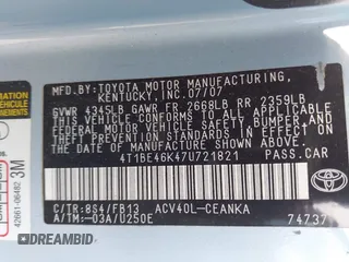 2007 Toyota Camry CE with VIN 4T1BE46K47U721821, listed as a IAAI auction lot 42088535 with 173,646 mi miles. Bid and sale history available at carsss.com. Image 9.