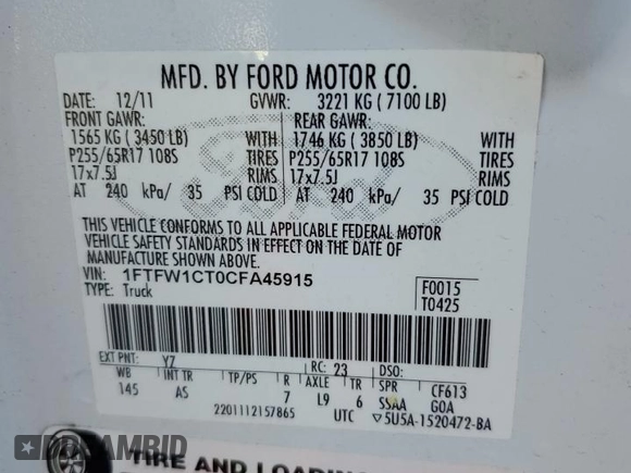 2012 Ford F-150 XL with VIN 1FTFW1CT0CFA45915, listed as a Copart auction lot 52785245 with 105,811 mi miles and Clean Title. Bid and sale history available at carsss.com. Image 12.