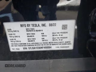 2022 Tesla Model S z VIN 5YJSA1E56NF490064, wystawiony jako IAAI lot #41858477 z przebiegiem Nie podano mil oraz . Historia ofert i sprzedaży dostępna na DreamBid. Obrazek 9.
