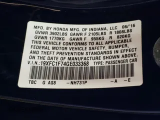 2016 Honda Civic Sedan EX-L with VIN 19XFC1F74GE033368, listed as a Copart auction lot 54874535 with 0 mi miles and Clean Title. Bid and sale history available at carsss.com. Image 13.