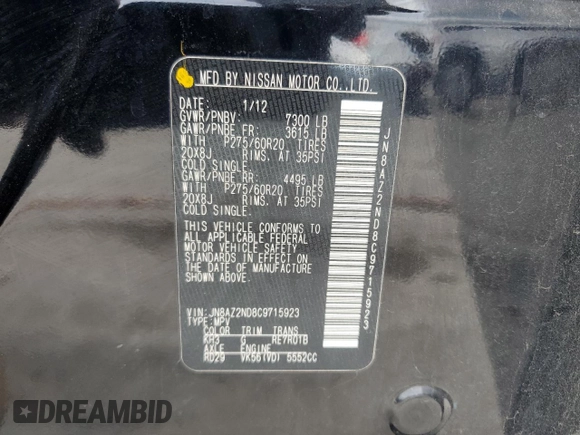 2012 Infiniti QX56 8-passenger with VIN JN8AZ2ND8C9715923, listed as a Copart auction lot 79192944 with 250,177 mi miles and Salvage Title. Bid and sale history available at carsss.com. Image 14.