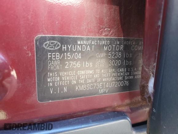 2004 Hyundai Santa Fe GLS with VIN KM8SC73E14U720076, listed as a Copart auction lot 72082964 with 393,452 mi miles and Non Repairable. Bid and sale history available at carsss.com. Image 12.