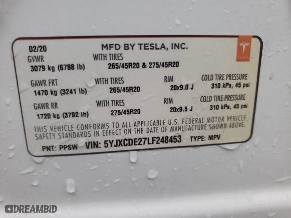 2020 Tesla Model X Long Range with VIN 5YJXCDE27LF248453, listed as a Copart auction lot 52171292 with 32009 miles. Bid and sale history available at carsss.com. Image 10.