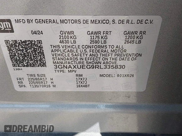 2024 Chevrolet Equinox LT with VIN 3GNAXUEG9RL335830, listed as a IAAI auction lot 42543768 with 20,795 mi miles and . Bid and sale history available at DreamBid. Image 9.