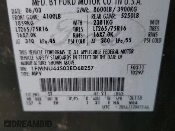 2003 Ford Excursion z VIN 1FMNU44S03ED68257, wystawiony jako Copart lot #88008655 z przebiegiem 242 751 mil mil oraz Czysty tytuł • Clean title. Historia ofert i sprzedaży dostępna na DreamBid. Obrazek 13.