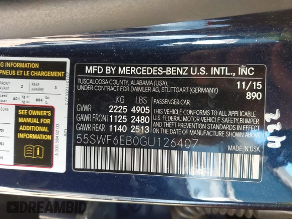 2016 Mercedes-Benz C 450 AMG with VIN 55SWF6EB0GU126407, listed as a IAAI auction lot 41646821 with 142,026 mi miles and . Bid and sale history available at carsss.com. Image 9.