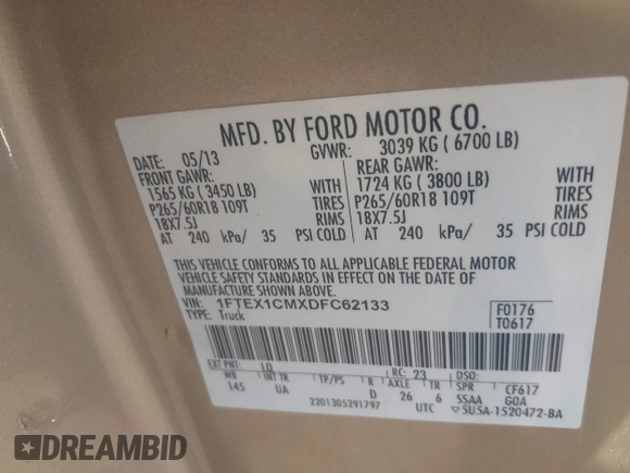 2013 Ford F-150 XL with VIN 1FTEX1CMXDFC62133, listed as a IAAI auction lot 42567537 with 132,668 mi miles and . Bid and sale history available at DreamBid. Image 9.