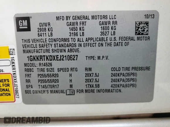 2014 GMC Acadia Denali with VIN 1GKKRTKDXEJ210627, listed as a Copart auction lot 54792235 with 210,608 mi miles and Clean Title. Bid and sale history available at carsss.com. Image 13.